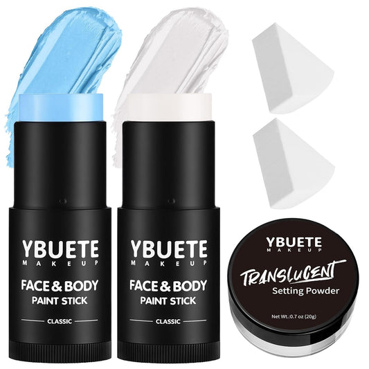 White Light Blue Face Body Paint Stick Set with Translucent Setting Powder and Sponges, Professional Full Coverage Face Painting for Adults Halloween Cosplay SFX Avatar Corpse Bride Makeup