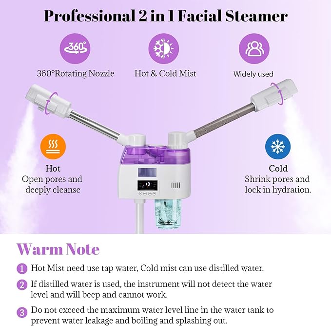 Professional 2 in 1 Facial Steamer, Esthetician Steamer with Hot & Cold Mist, Face Steamer for Facial Deep Cleaning, Facial Steamer for Home Beauty Salon Spa