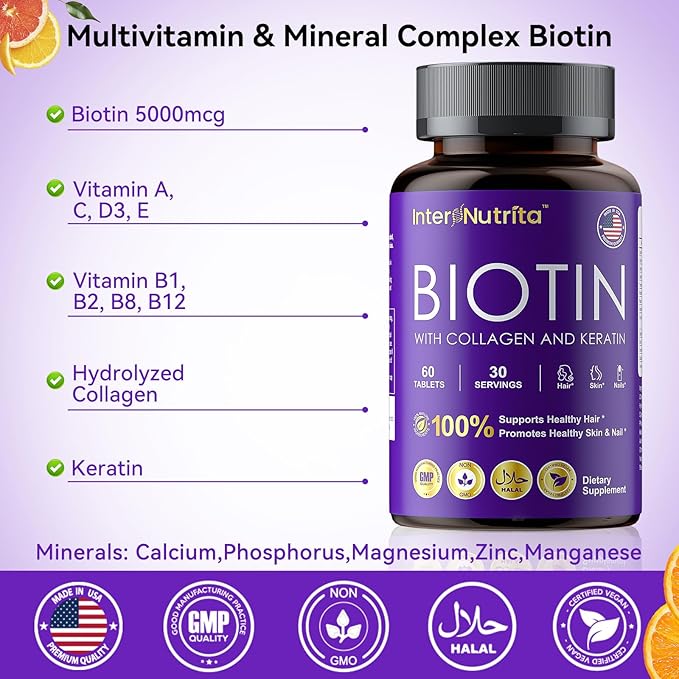 Biotin with Hydrolysed Collagen and Keratin, 5000mcg Biotin for Hair Growth，Skin & Nails & Energy Production，USA Made - Vitamin A, C, D3, E, B1, B2, B7, B12 Complex