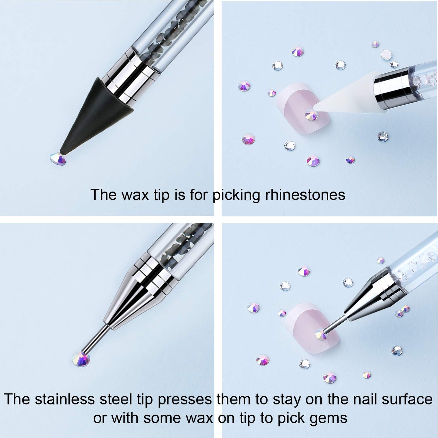 2 Pieces Rhinestone Picker Dotting Pen, Dual-ended Rhinestone Gems Crystals Studs Picker Wax Pencil Pen Crystal Beads Handle Manicure Nail Art DIY Decoration Tool (Black White)