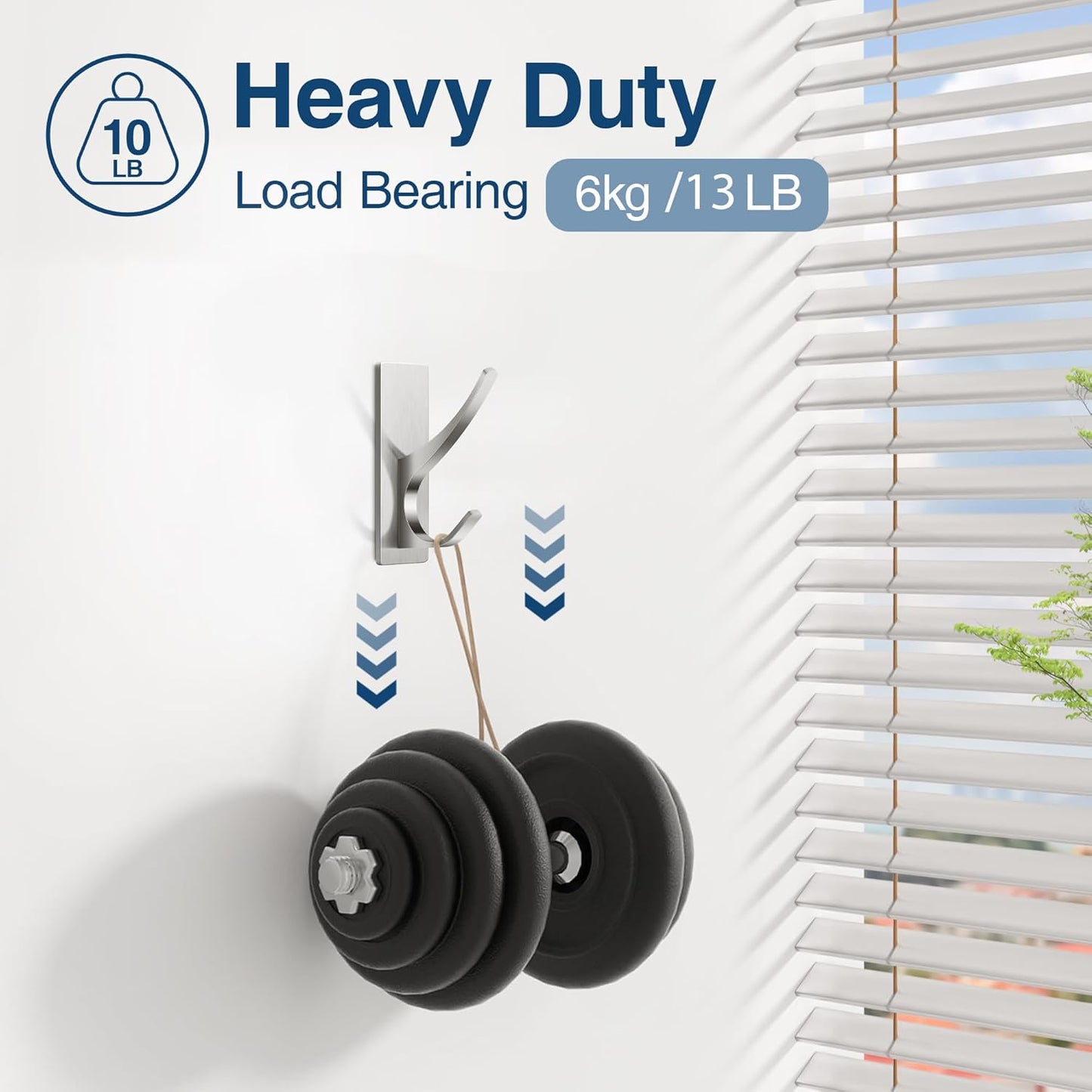 10 Pack Self Adhesive Towel Hooks: Extra Strong 13LB, Stainless Hook for Hanging Loofah, Towels, Coat, Bath Robe Bathroom Shower, Brushed Nickel