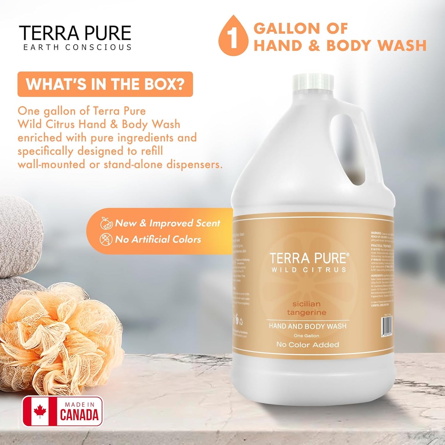 Terra Pure Wild Citrus Gallon Hand & Body Wash – Refill Jug for Hotels, Vacation Rentals, Guest Homes, Spas, Gyms | Bulk Liquid Soap Toiletries | No Color Added | For Sensitive Skin & Daily Use