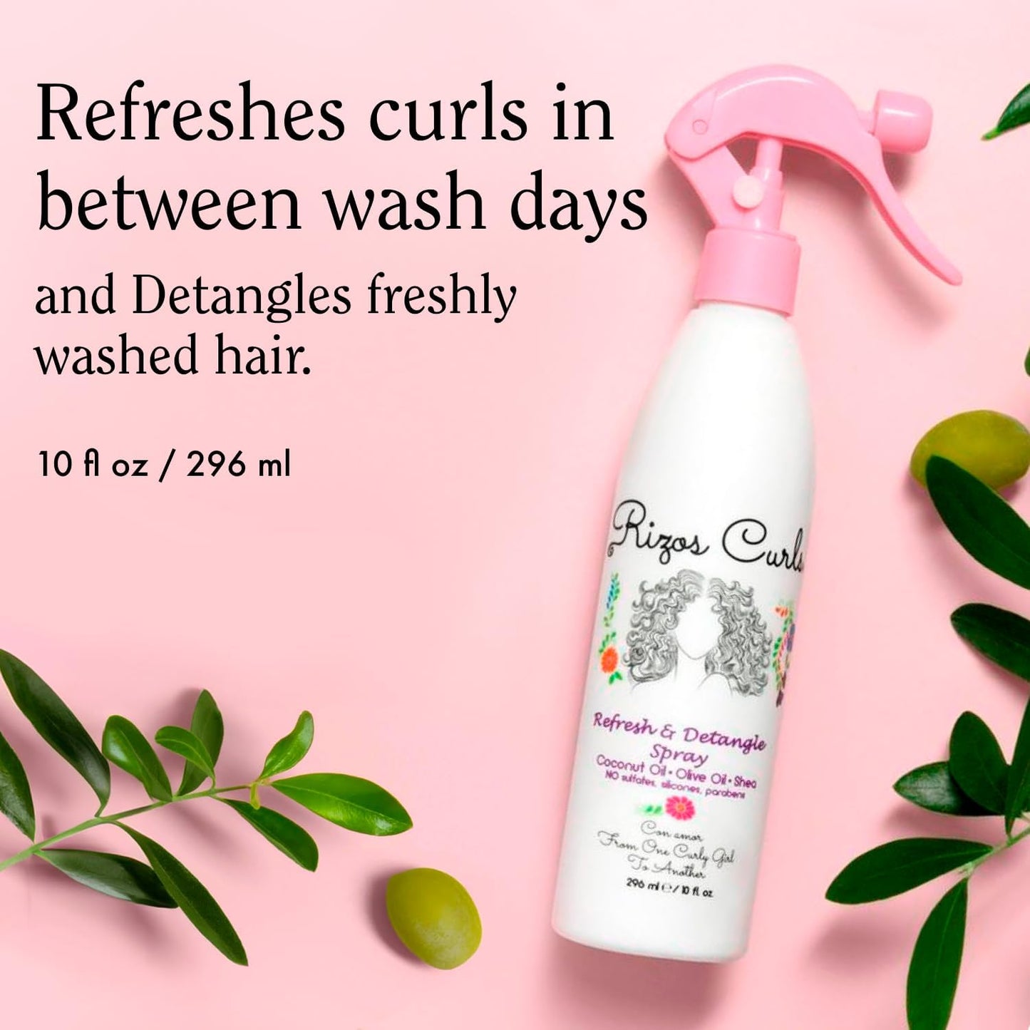 Rizos Curls Travel Refresh & Detangle Spray, Moisturizing Leave-In, Hydrate & Reduce Frizz, Add Shine & Definition with Coconut Oil, Aloe Vera & Shea Butter, 2.5 oz