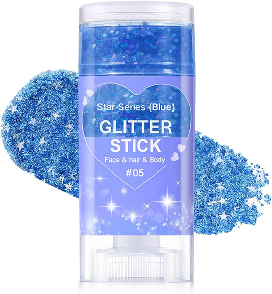 Blue Body Glitter Stick, Halloween Face Glitter Makeup,Holographic Hair Glitters Mermaid Makeup Rave Outfits for Women, Shimmer Face Paint Stick for Christmas (Blue)
