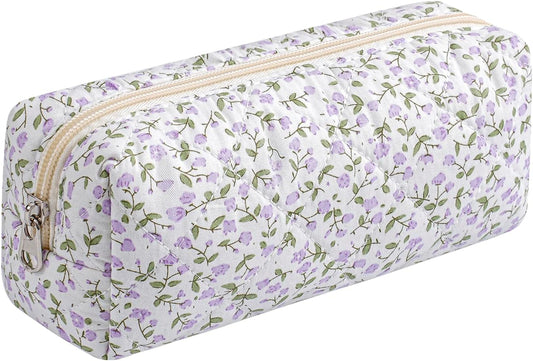 Cute Floral Cotton Makeup Brush Cosmetic Bag for Women, Travel Quilted Zipper Make Up Bag, Flowers Toiletry Organizer Case Kawaii Makeup Cosmetic Travel Cloth Pouch (Purple Floral)