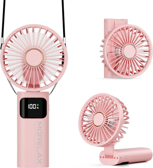 Portable Handheld Fan, USB Rechargeable Foldable Mini Personal Fan, 5200mAh, 180 Adjustable, 6 Speed Wind, 3 IN 1 Hand Cooling Desk Fan with LED Display for Home Office School Outdoor Travel, Pink
