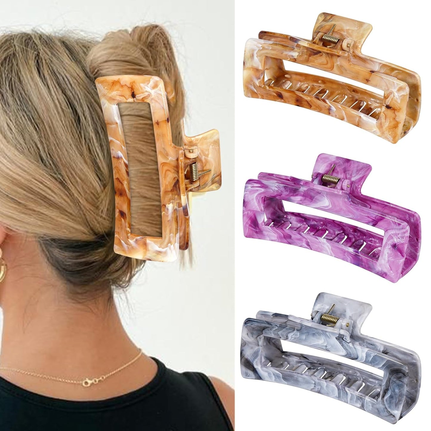 3Pcs Hair Claw Clips for Women, 5 Inch Non slip Large Claw Clip, Reference Ink Painting Design, Ideal for Home Party and Work Styling, Hair Accessories for Girls Gift (Brown Gray Purple)