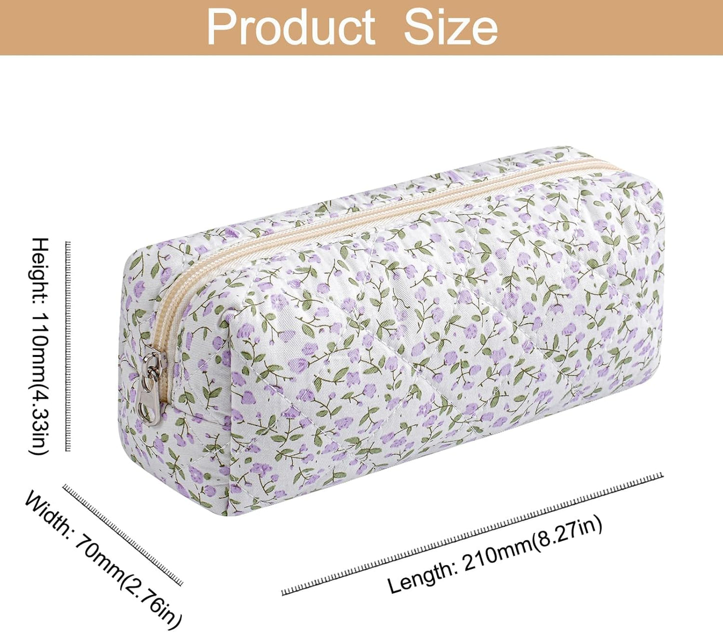 Cute Floral Cotton Makeup Brush Cosmetic Bag for Women, Travel Quilted Zipper Make Up Bag, Flowers Toiletry Organizer Case Kawaii Makeup Cosmetic Travel Cloth Pouch (Purple Floral)