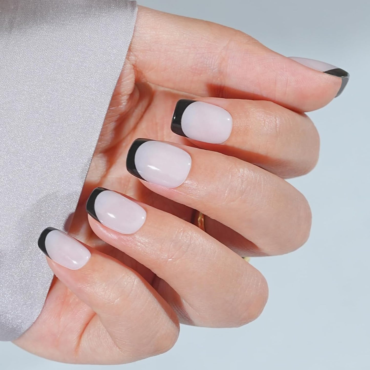 French Tip Press On Nails - Gothic Square,Black Halloween Press On Nails, Acrylic Square Short Halloween Nails with Nail Glue, Fit Perfectly & Natural Stick On Nails in 16 Sizes - 32 PCS Soft Gel Kit