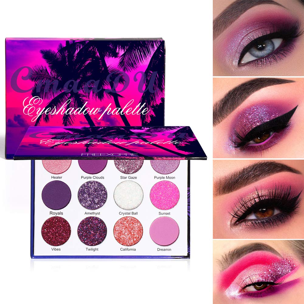 Purple Pink Glitter Eyeshadow Palette - 12 Color Shimmer High Pigmented Powder Lasting Waterproof Colorful Eyeshadow Palette for Girl Women