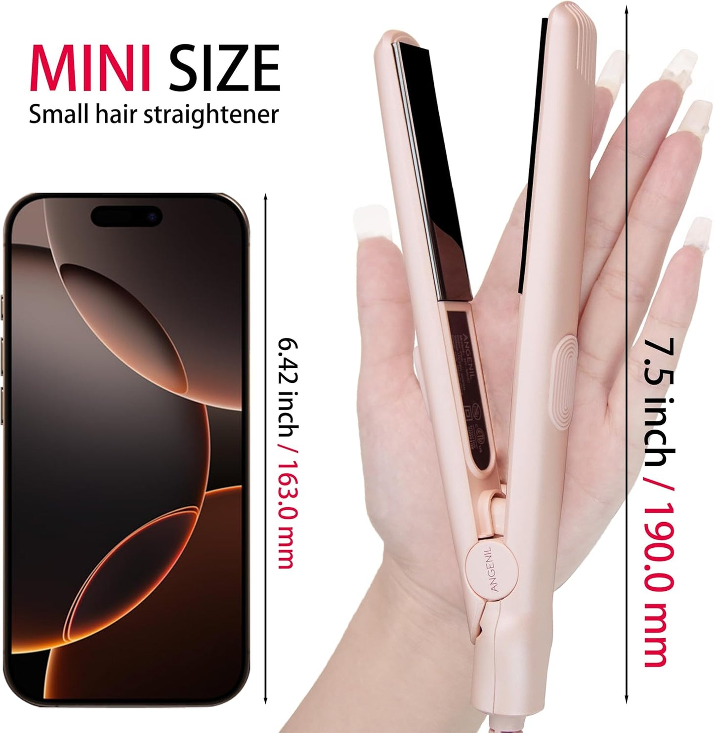 ANGENIL Pro Ceramic Tourmaline Mini Flat Iron for Short Hair, Portable Small Flat Iron with Anti-Scald Silicone, 0.7 inch Travel Size Mini Hair Iron, 20S Fast Heating, 3 Temp (280℉- 320℉ -380℉)