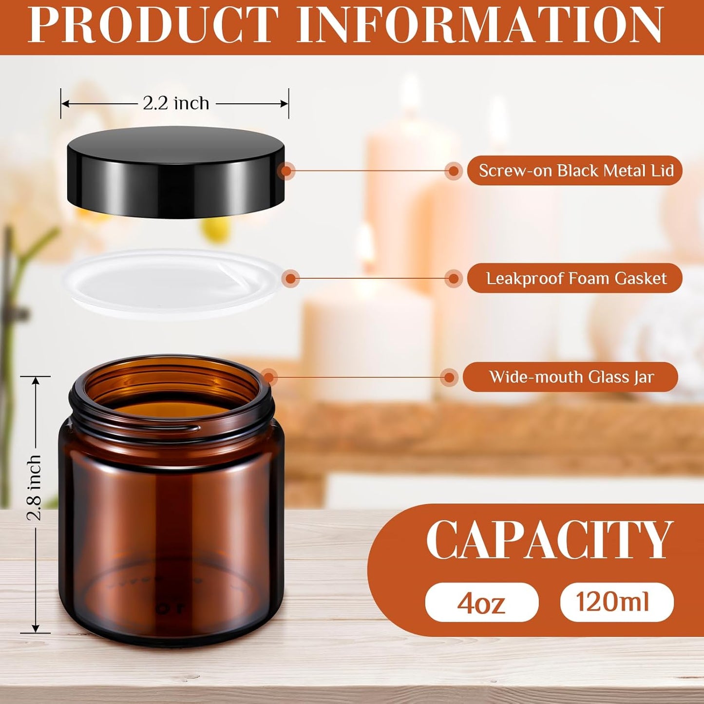 Norme 24 Pcs 4 oz Glass Jars with Lids Leakproof Round Airtight Empty Cosmetic Jars with Inner Liners Lid for Storing Lotions Powder Ointments Candle Making Tins (Black,Amber and Clear)