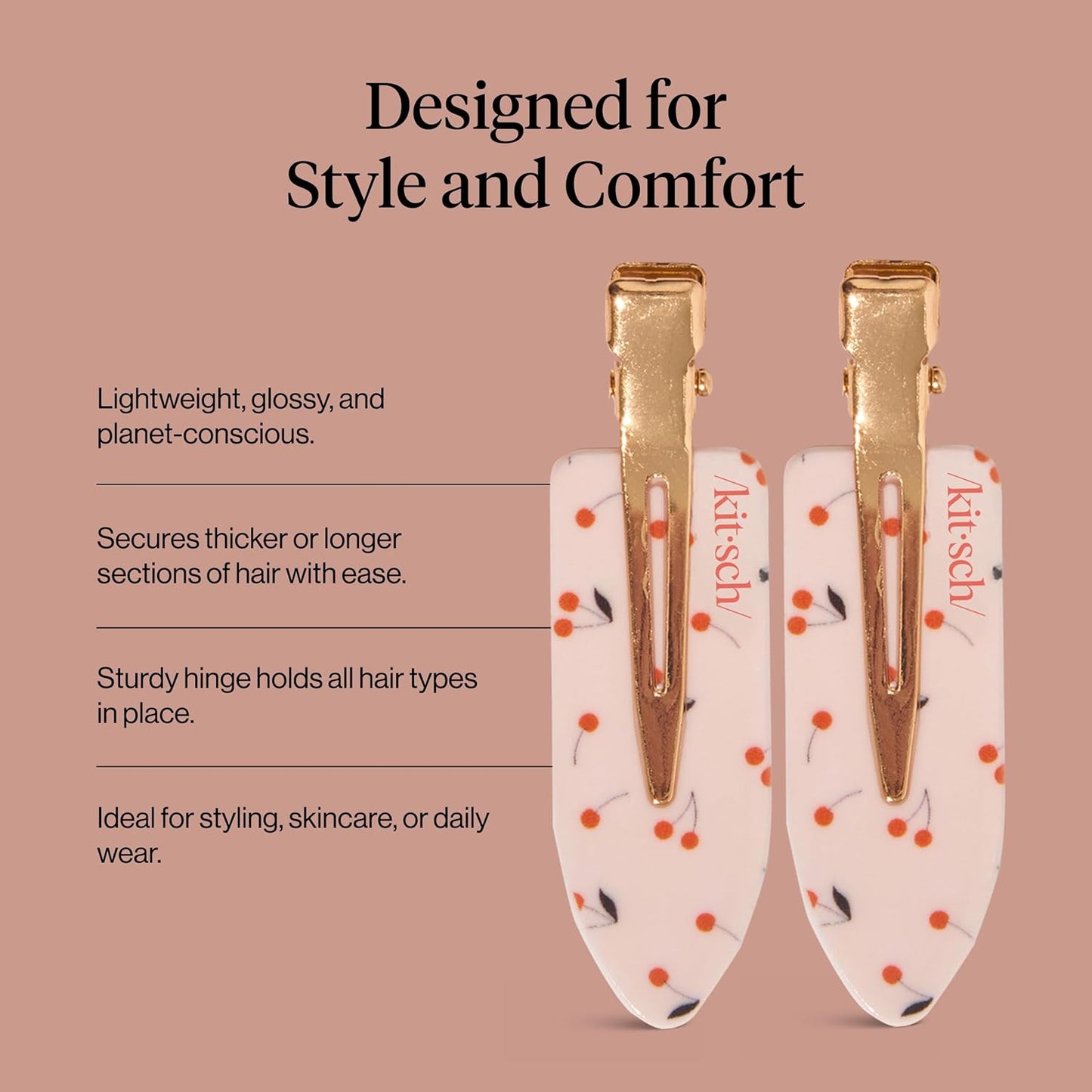 Kitsch Creaseless Hair Clips for Women - No Crease, No Bend Hair Clips for Styling, Bangs, Makeup Application, Face Wash - Recycled Acrylic - Cherry Print | Ideal Gifts for Women, 4pcs