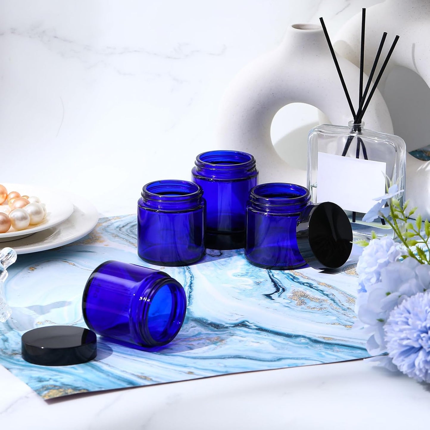 Norme 12 Pcs 4 oz Glass Jars with Lids Leakproof Round Airtight Empty Cosmetic Jars with Inner Liners Lid for Storing Lotions Powder Ointments Candle Making Tins (Blue,Black)