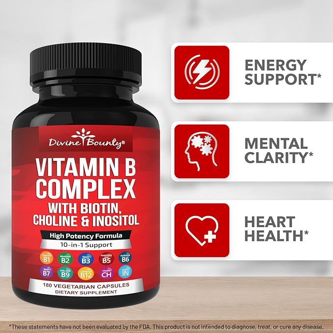 Divine Bounty Super B Complex Vitamins - All B Vitamins Including B12, B1, B2, B3, B5, B6, B7, B9, Folic Acid - Vitamin B Supplement - Support Healthy Energy Metabolism - 180 Vegetarian Capsules