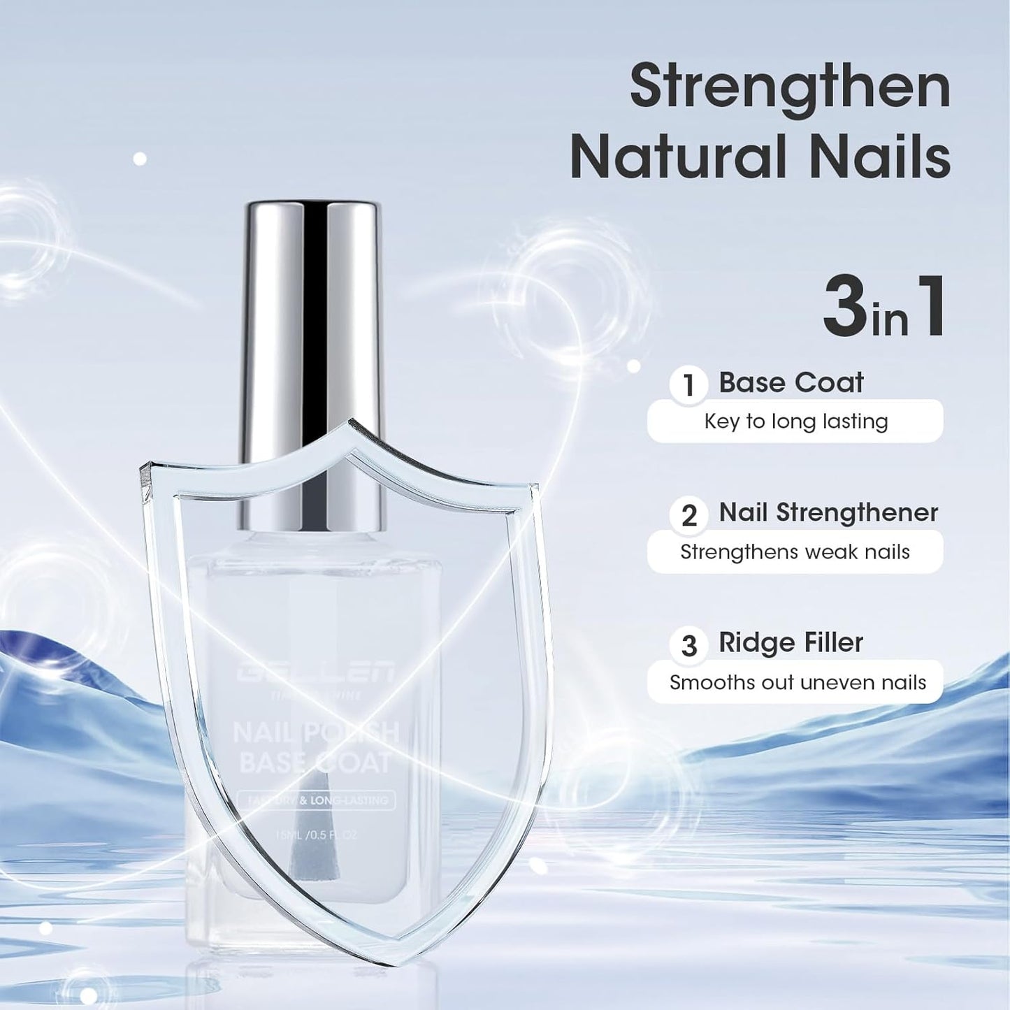 GELLEN Clear Nail Polish Base Coat, Calcium-Formula Nail Base Coat Strengthener Strengthens Nails, Anti-yellowing, Quick Air Dry, No UV Gel, Hema Free, Non-toxic, No Chip, Long Lasting, Protect Nails