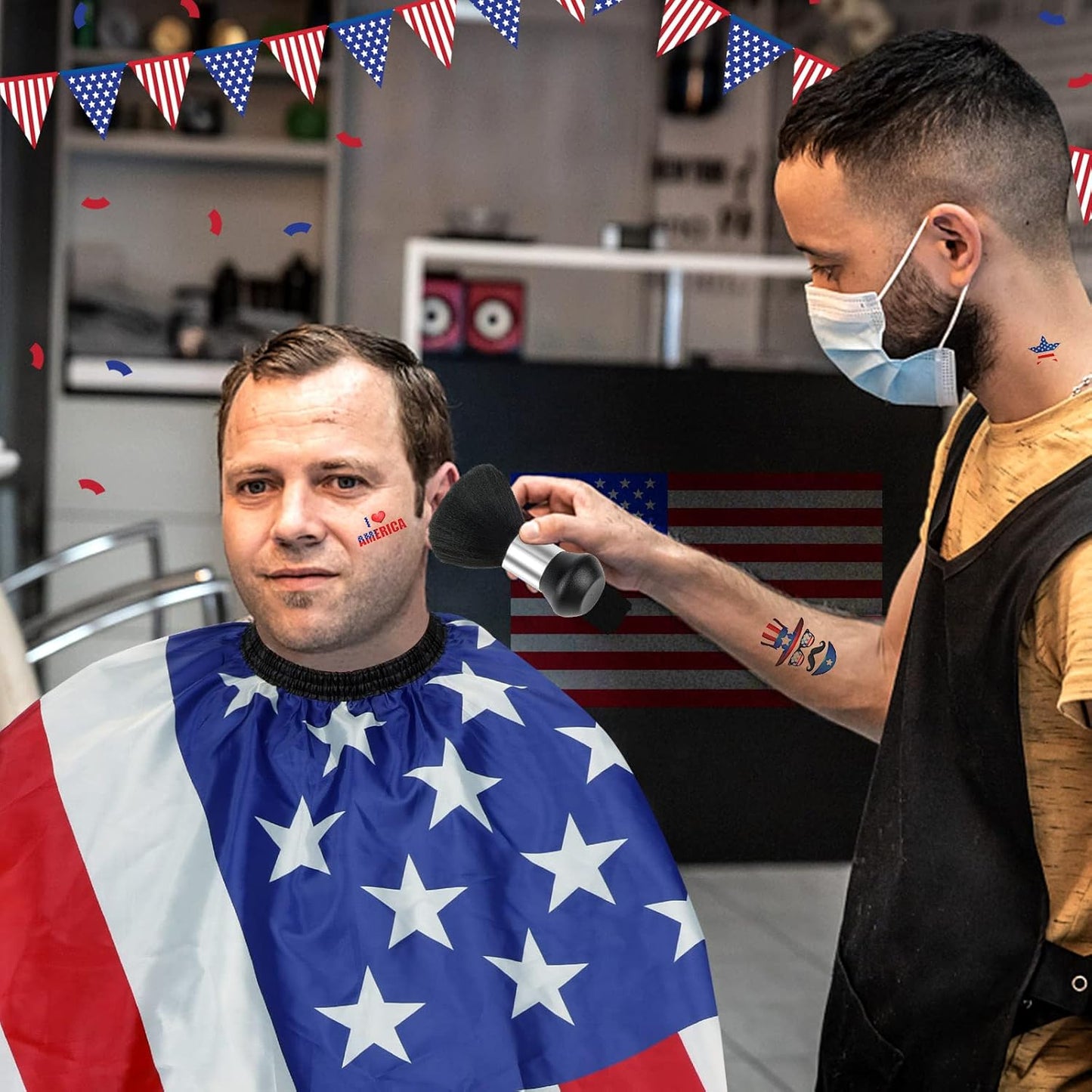 FEBSNOW Professional Barber Cape Independence 4th for July Salon Hair Cutting Cape with Adjustable neckline and Neck Duster Brush Barber Shop Supplies 46.8 × 56 Inch (Flag pattern)