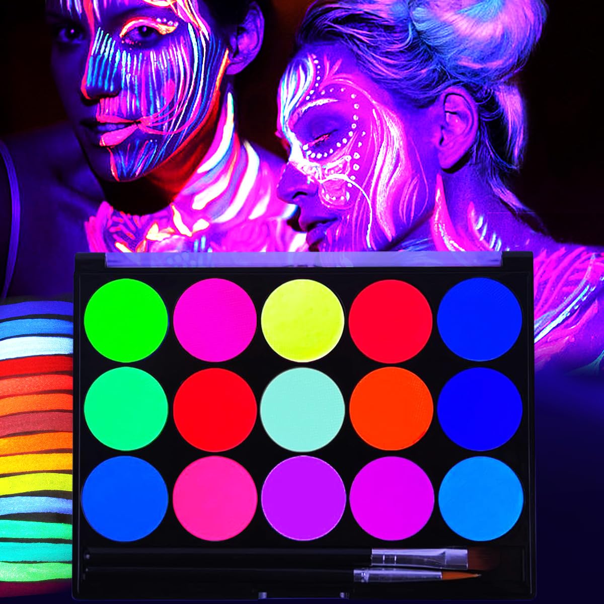 Glow UV Blacklight Face Paint,Neon Fluorescent Body Painting Palette,Water Activated Makeup Eyeliner,Water Based Glow In The Dark Party Halloween Washable for Adult Body Paint Set (15 color)