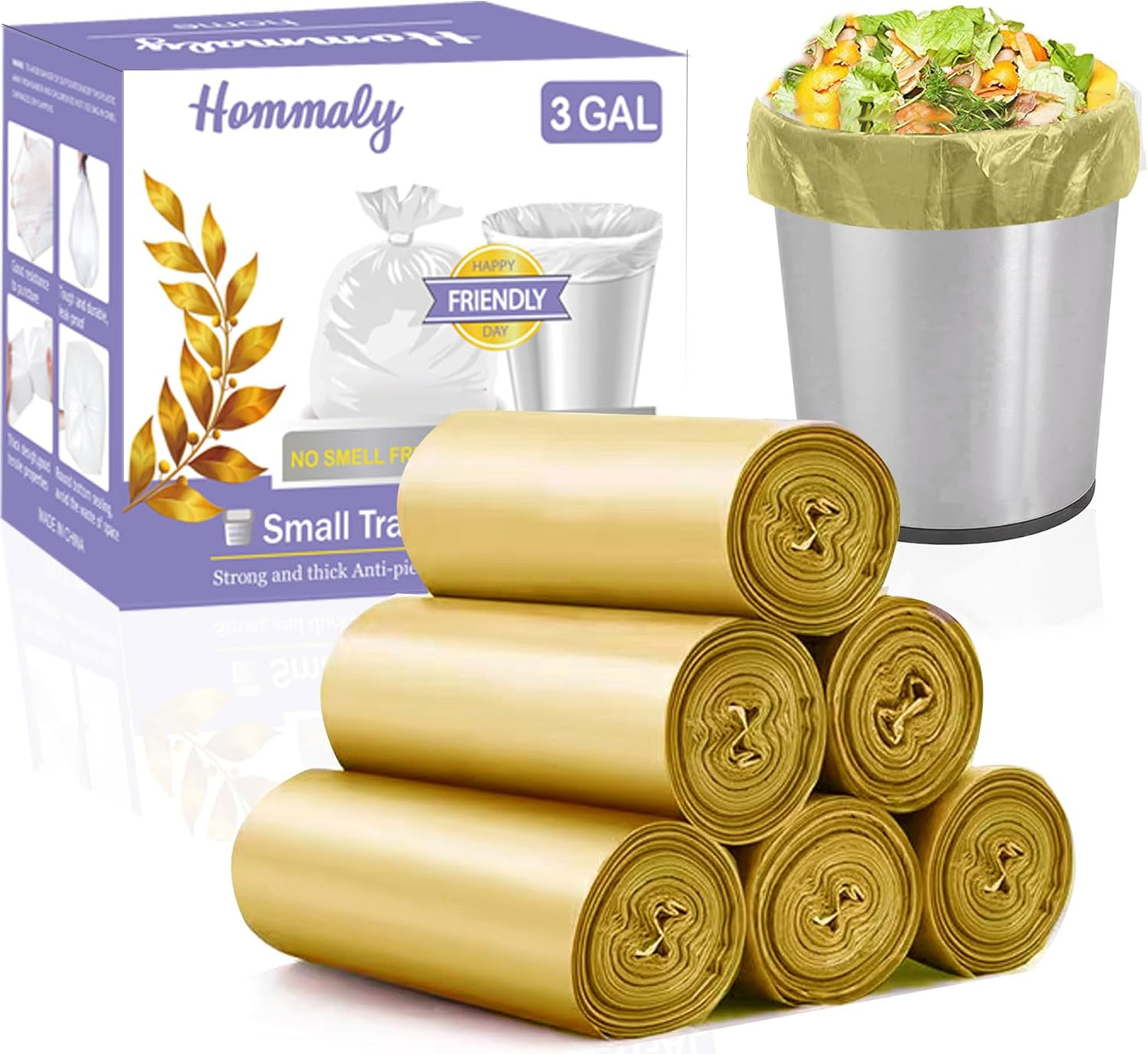 3 Gallon 180pcs Small Gold Trash Bags(Fit 2.6-3.2 Gal) Plastic Strong Gold Garbage Bags, Bathroom Trash Can Bin Liners, Waste Basket Liner, Fit 10-13 Liter, 2.5-2.6 Gallon,3.2Gallon(3-Gold180)