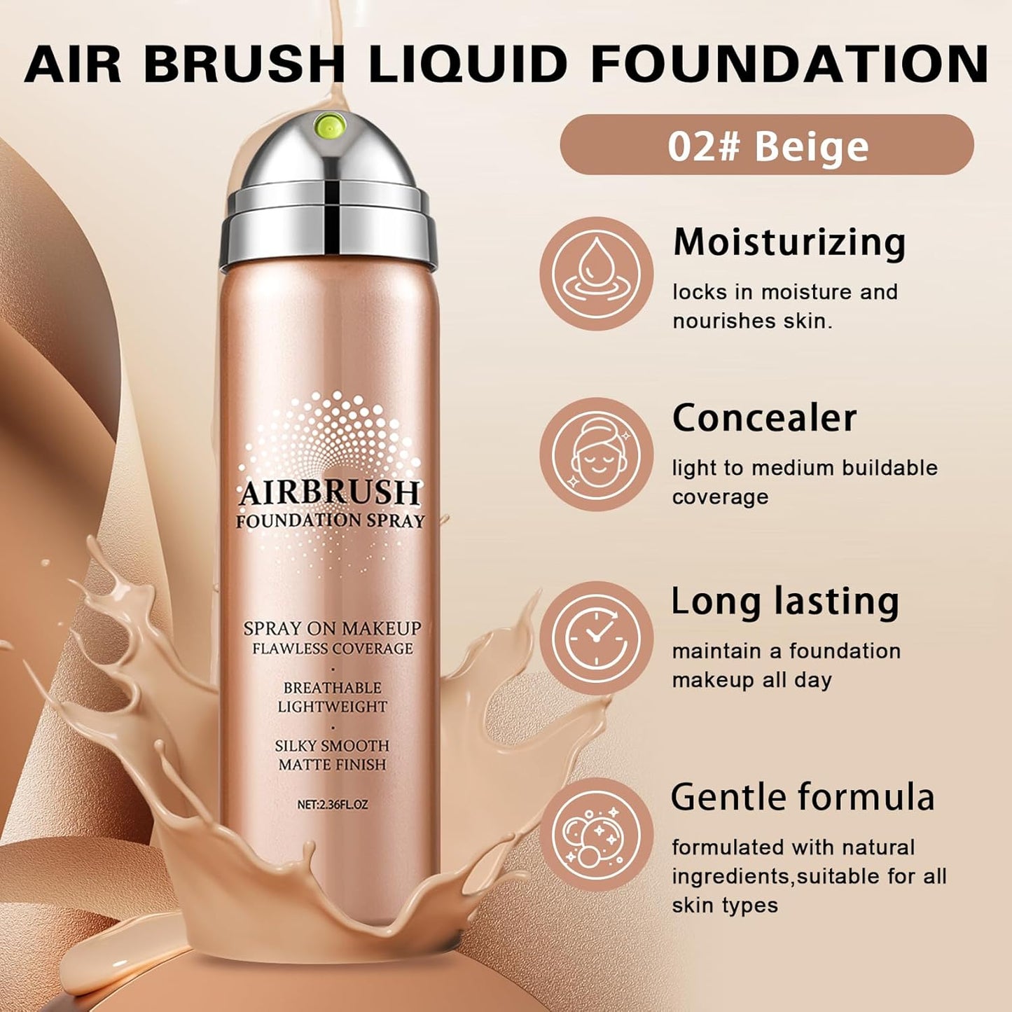 Airbrush Foundation with Primer,Silk Flawless Airbrush Makeup,Buildable Coverage with Anti-aging Formula,Moisturizing Foundation Makeup (02 Beige)