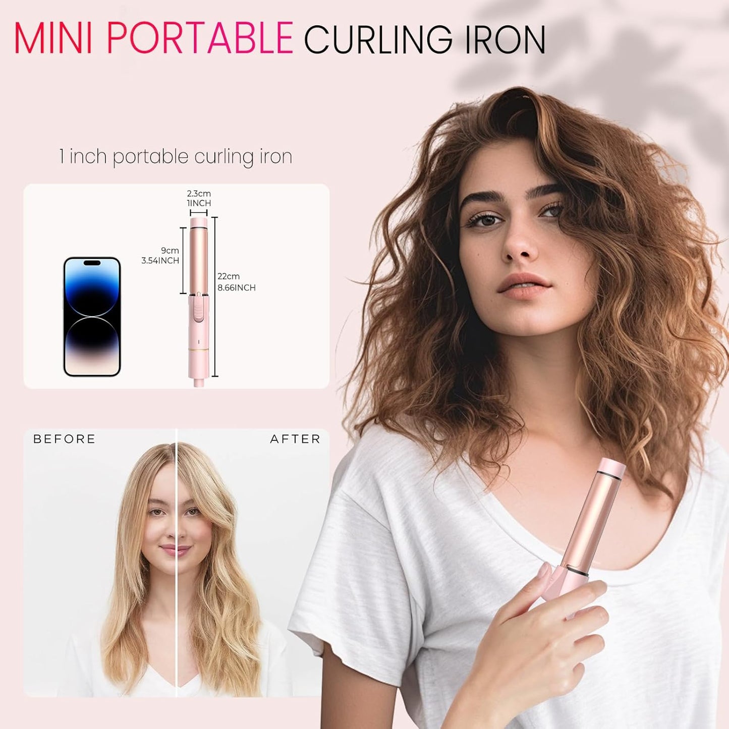 Mini Travel Curling Iron, European Travel Curling Iron Dual Voltage (100V-240V) Mini Size for Short Hair 1 inch, Portable Hair Curler with 30s Fast Heating Constant 180° for International (Pink)