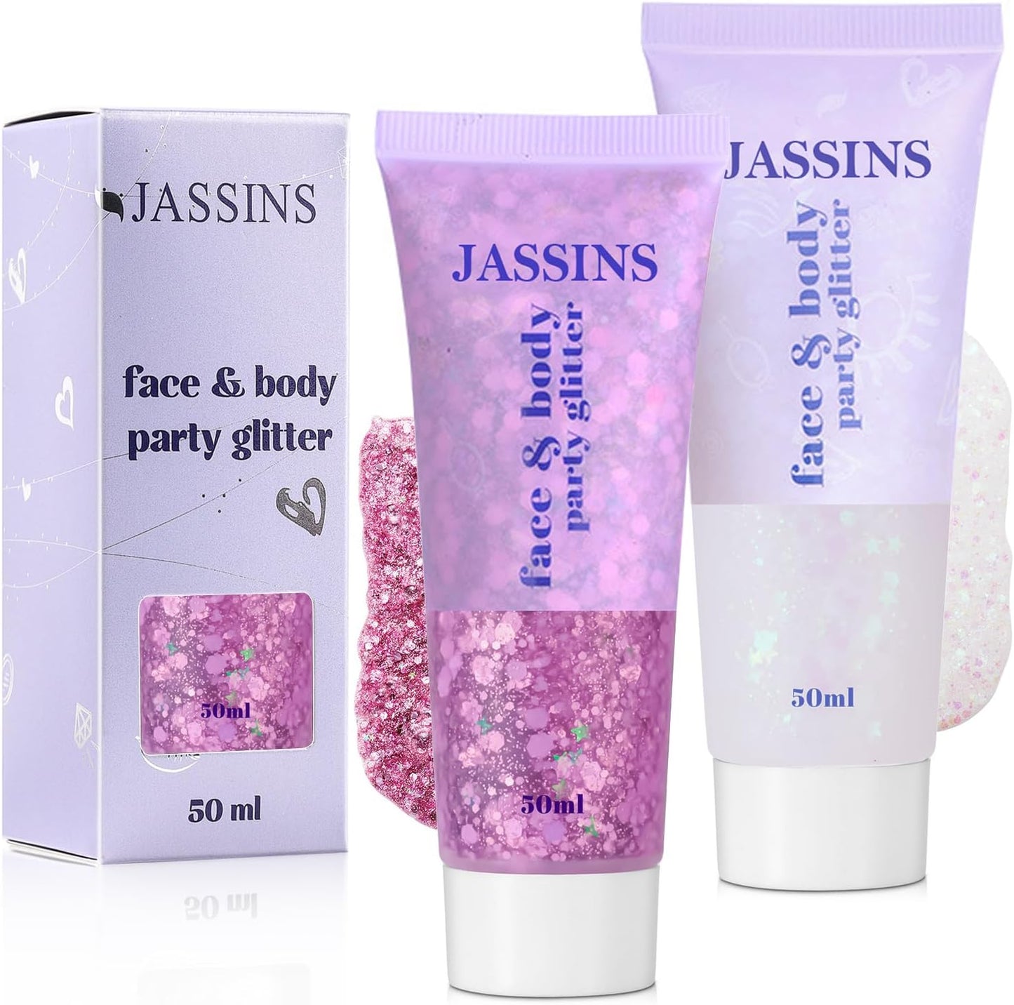 JASSINS 2PCS Body Glitter, 100ml Pink and White Face Glitter for Women Girls Kids, Glitter Gel Makeup Tween Gifts, Singer Concerts Festival Rave Accessories, Chunky Mermaid Sequins Glitter