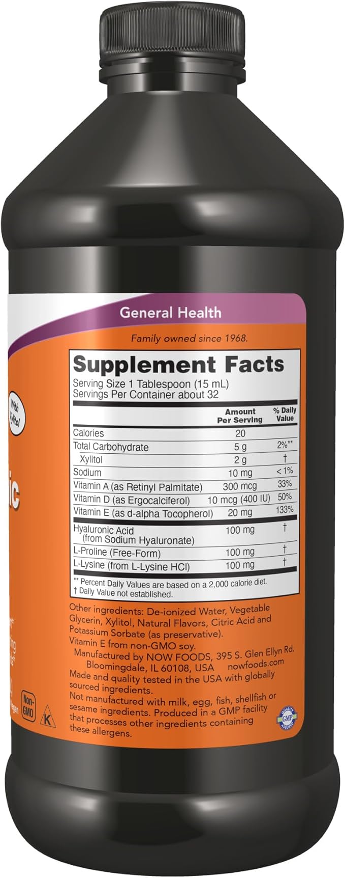 NOW Foods Supplements, Liquid Hyaluronic Acid, Delicious Berry Flavor, 100 mg Per Serving, 16-Ounce