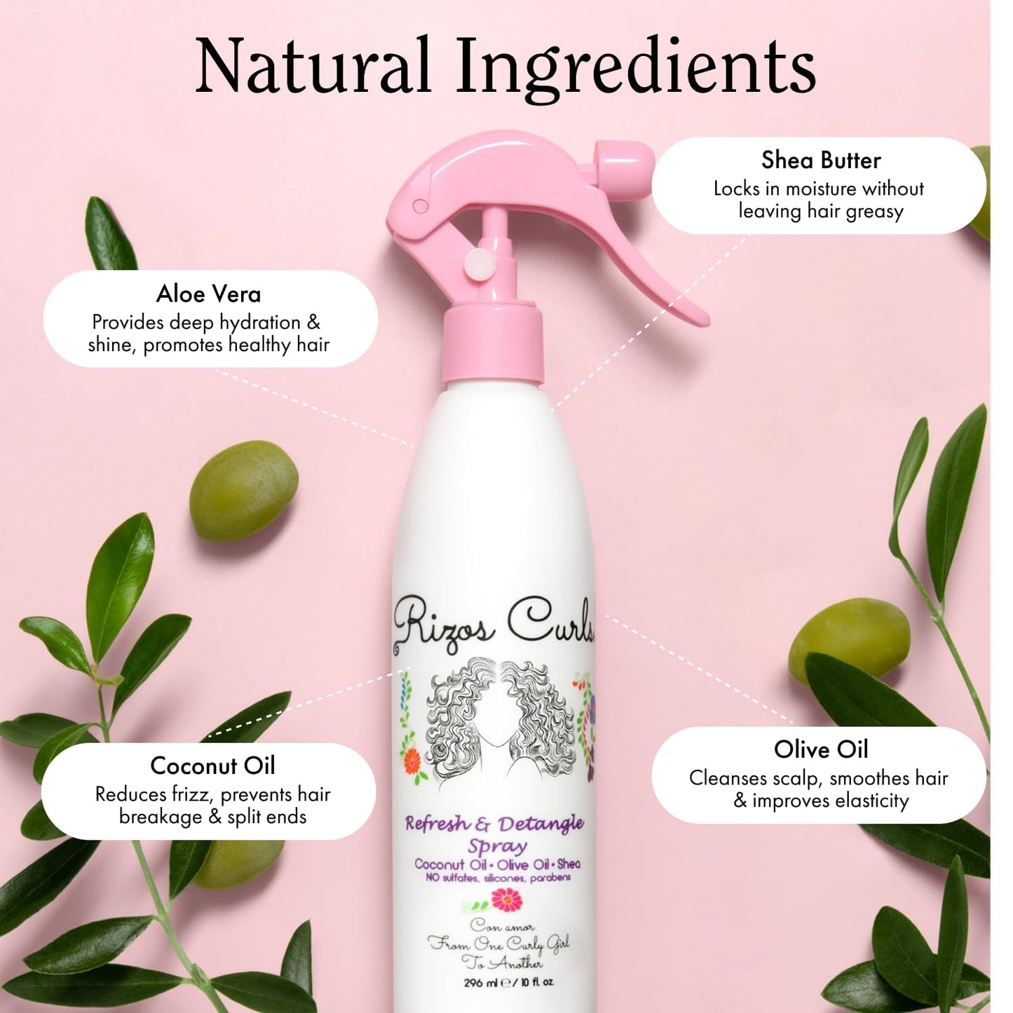 Rizos Curls Travel Refresh & Detangle Spray, Moisturizing Leave-In, Hydrate & Reduce Frizz, Add Shine & Definition with Coconut Oil, Aloe Vera & Shea Butter, 2.5 oz