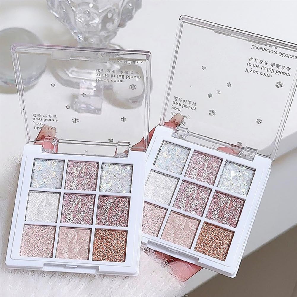 Glitter Shimmer Eye Shadow Palette Makeup,Pink White Purple Sparkle Warm Pastel 9 Colors Eye Shadow Palette,Nude White Eyeshadow Palette Colorful Long Lasting Waterproof Naturing-Looking