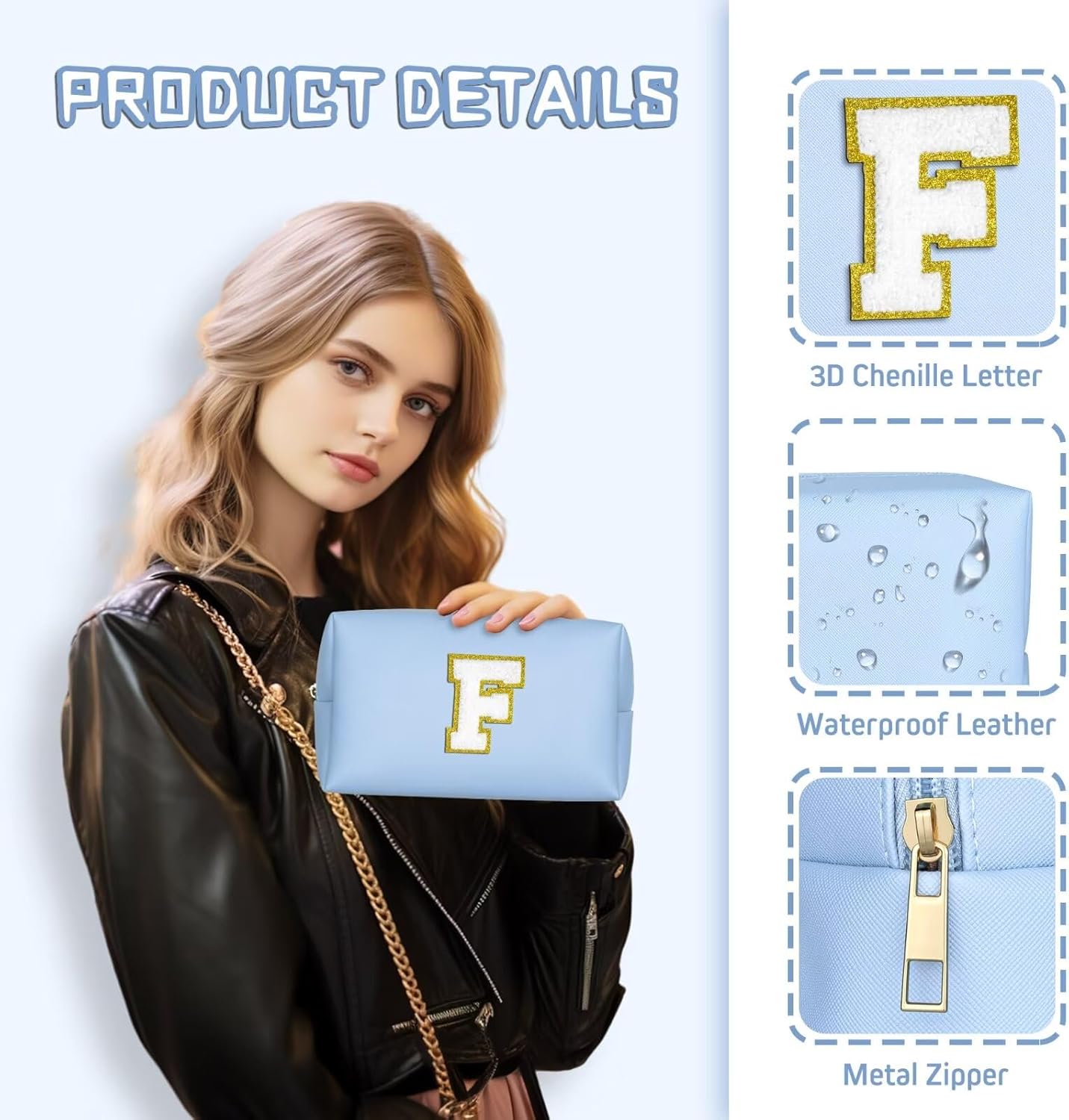 TOPEAST Travel Makeup Bag, Personalized Initial Toiletry Bag w Zipper, Cute Makeup Pouch, PU Leather Waterproof Cosmetic Bag, Birthday Gift for Daughter, Preppy Things for Girls (Sky Blue G)