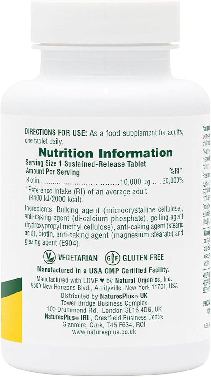 NaturesPlus Biotin, Sustained Release - 90 Tablets - Vegetarian, Gluten Free - 90 Servings