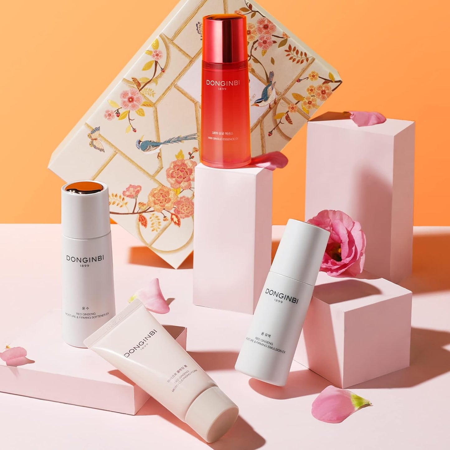 Donginbi Red Ginseng Essential Skin Care Set - Firming Moisturizer(1.69 floz), Hydrating Toner(2.37 floz), Korean Red Ginseng Essence(2.37 floz), Pore Cleaner(1.69 floz), Korean Skin Care