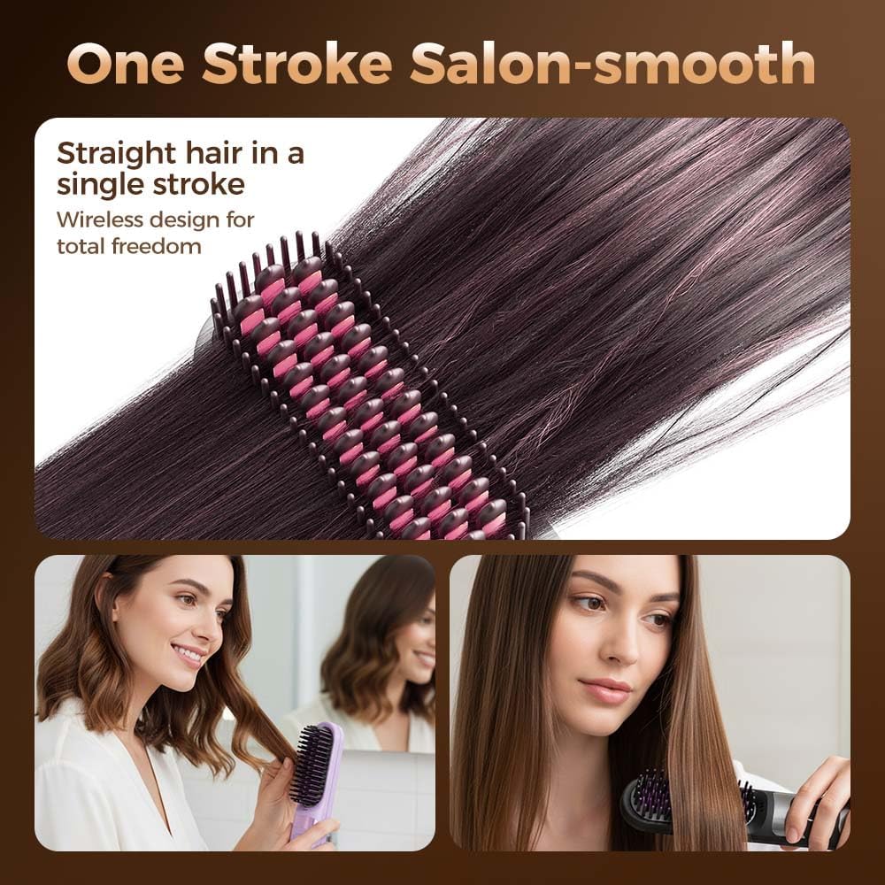 Cordless Hair Straightener Brush, 2026 Updated Mini Portable Hair Straightener for Travel, Fast Heating Straightening Brush, USB Ceramic Electric Hair Comb for Women Straightening and Curling(Pink)