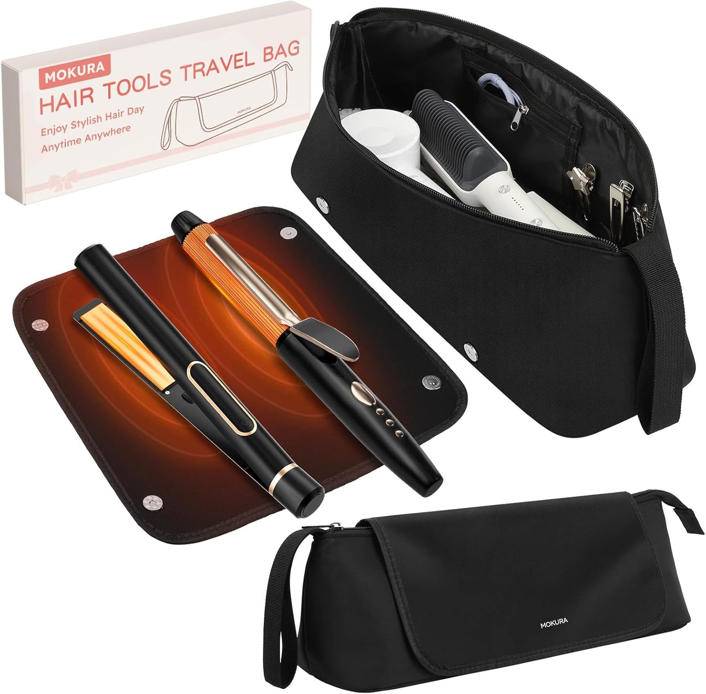MOKURA Hot Hair Tools Travel Bag with Heat Resistant Mat Removable, Hair Accessories Organizer Case, Women Travel Essentials, Storage Pouch for Curling Iron Straightener Flat Iron Hair Dryer, Black