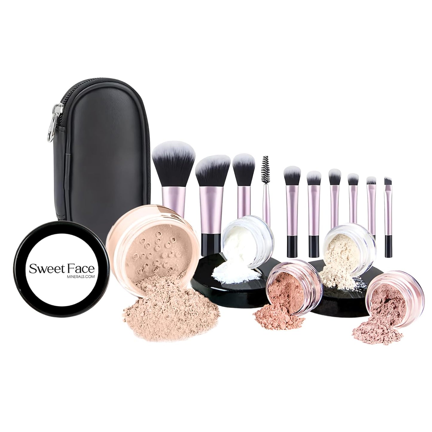 16pc Beginner Mineral Makeup STARTER KIT with 10 BRUSH SET (5gm) Sample Size Foundation, Primer, Blush, Bronzer, Setting Powder for Learning, Occasional Use,First Time Users, Travel Size Kit (Light)