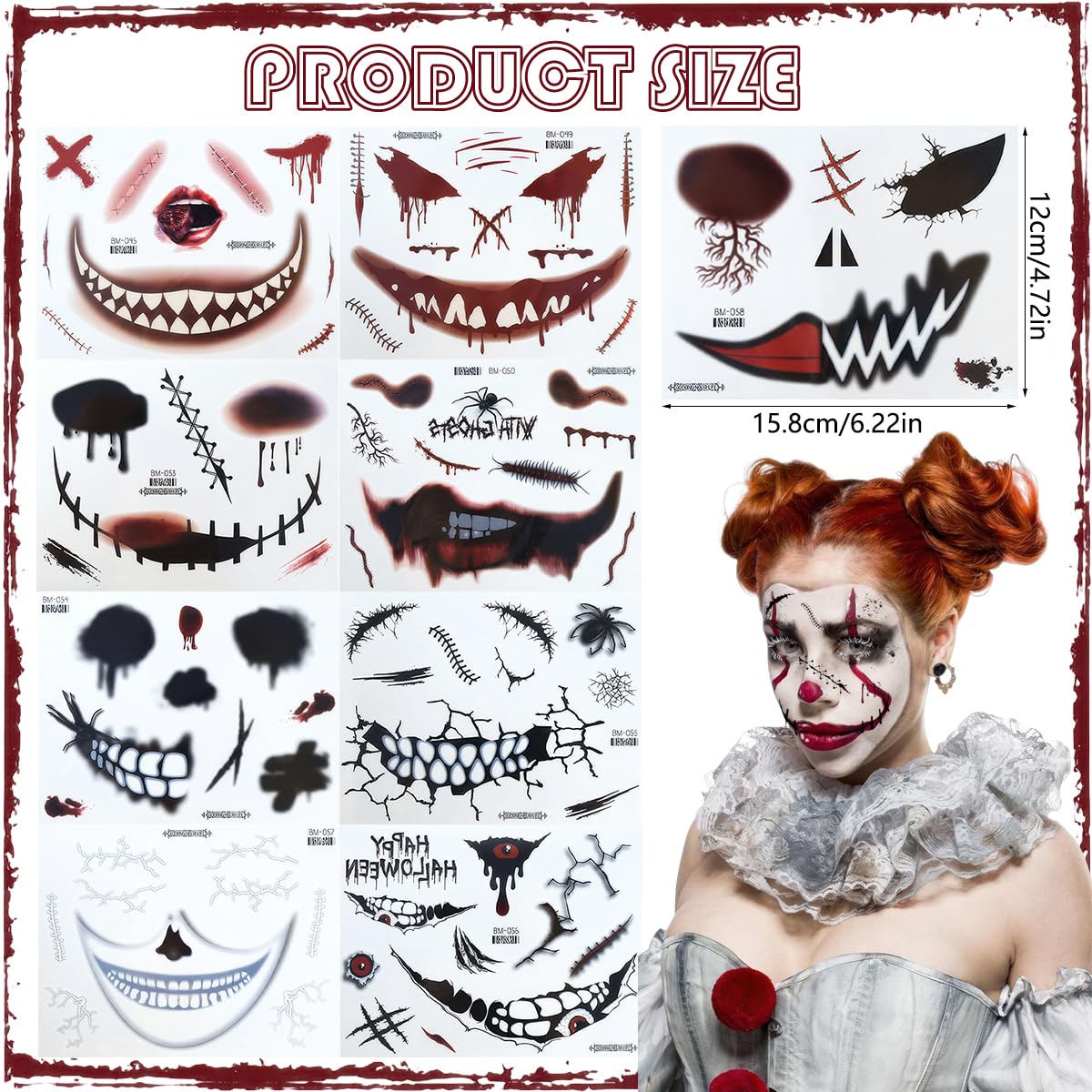 9 Sheets Halloween Scary Face Tattoos Stickers Fake Scars Stitches Bloody Mouth Prank Zombie Clown Makeup Temporary Tattoo Decals for Women Men Halloween Cosplay Party