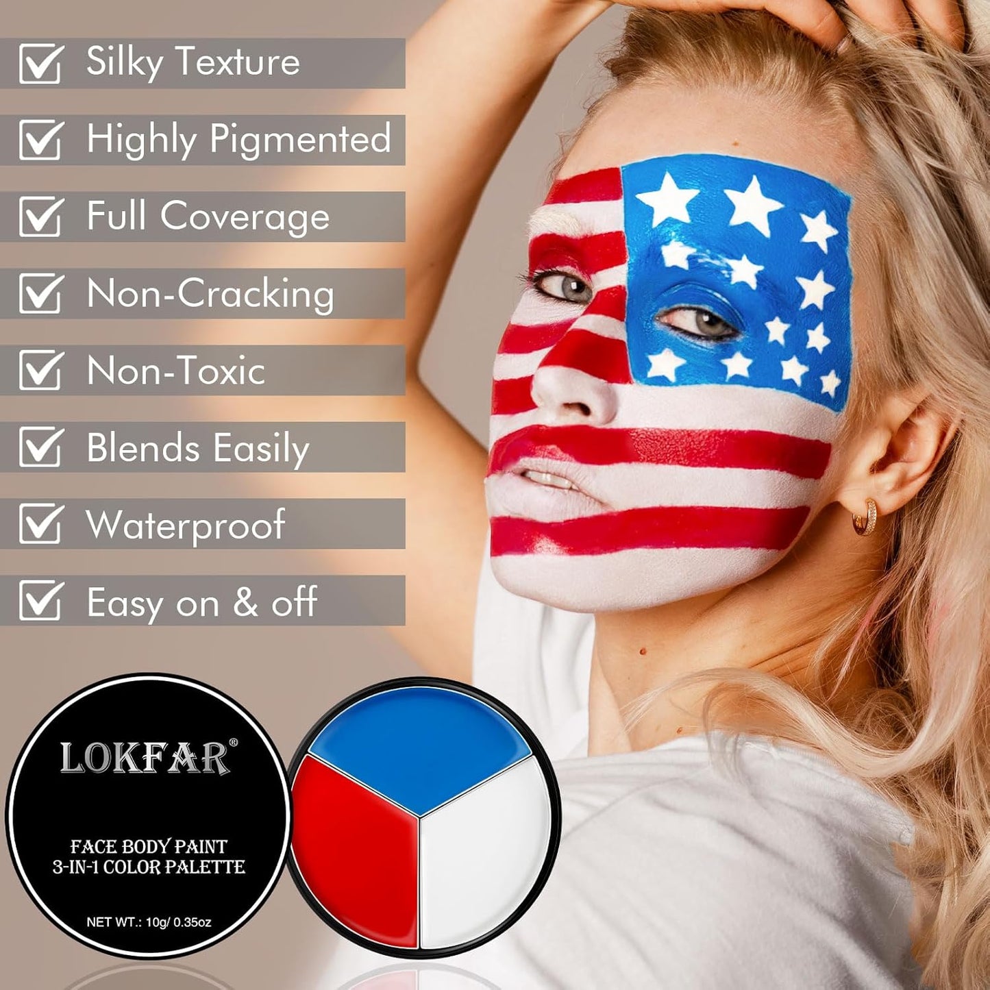 Red White and Blue Face Body Paint, Patriotic 4th/Fourth of July USA Themed Accessories for Women, Baseball Softball Eye-Black Sport, Halloween Face Make-up Kit for American Flag Clown Joker Costume