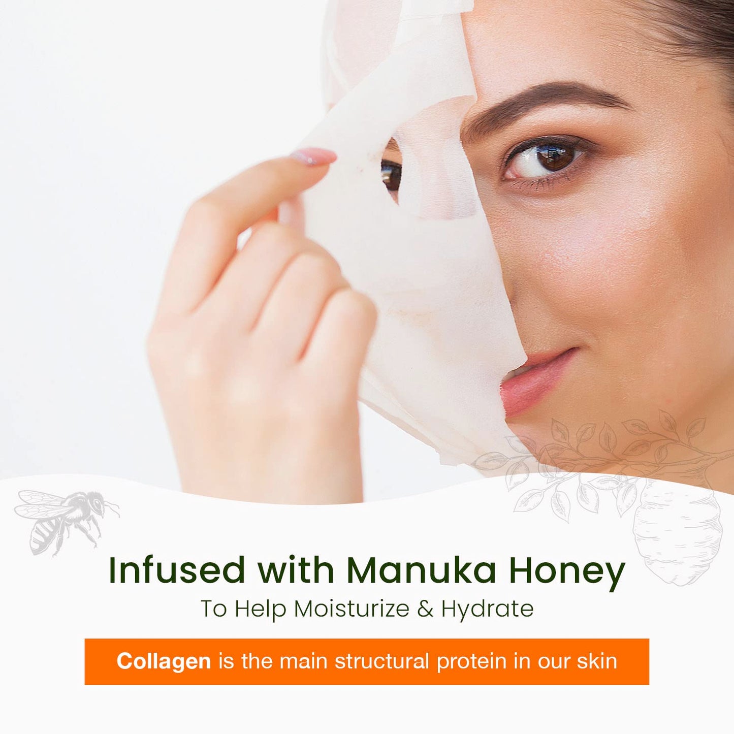 Collagen & Manuka Honey Sheet Face Mask - Anti-Aging, Hydrating, Skin Firming, Reduces Fine Lines, Dermatologist Tested, Cruelty Free Korean Skin Care For All Skin Types - 5 Masks