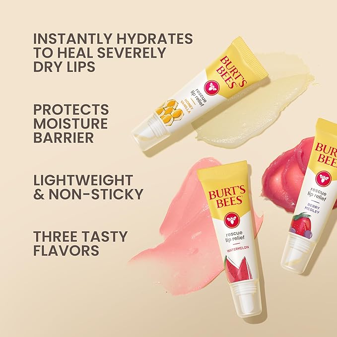 Burt's Bees Rescue Lip Relief, Watermelon, Hydrating Lip Balm for Dry Cracked Lips, with Responsbily Sourced Beeswax and Shea Butter, 100% Natural Origin, 1 Squeezy Tube, 0.35oz