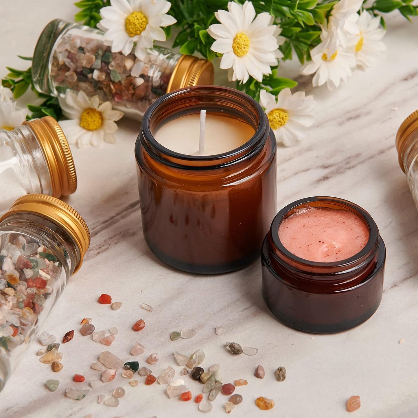 1oz Glass Jar with Lid, Hoa Kinh 25Pack Amber Round Containers Cosmetic Glass Jars with Inner Liners and Black Lids Travel Jars for Storing Lip and Body Scrub, Lotion, Body Butter, Bath Salts, Liquid