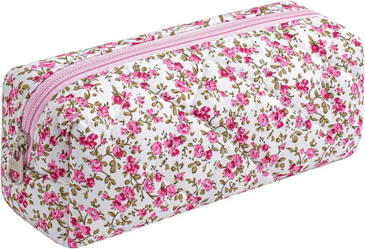Cute Floral Cotton Makeup Brush Cosmetic Bag for Women, Travel Quilted Zipper Make Up Bag, Flowers Toiletry Organizer Case Kawaii Makeup Cosmetic Travel Cloth Pouch (Red Floral)