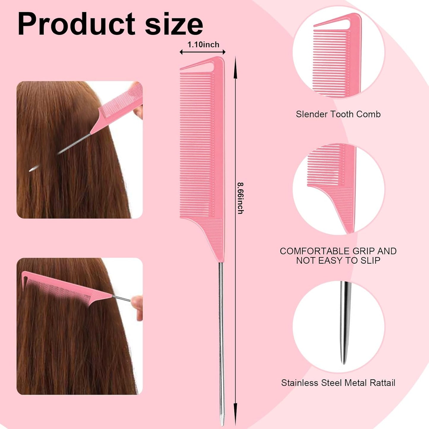 6 PCS Rat Tail Hair Parting Combs - Steel Pin Rat Tail Teasing Fine Tooth Comb Set for Women,Rattail Styling Metal Comb with Stainless Steel Pintail,Carbon Heat Resistant Comb for Curly Braiding Hair