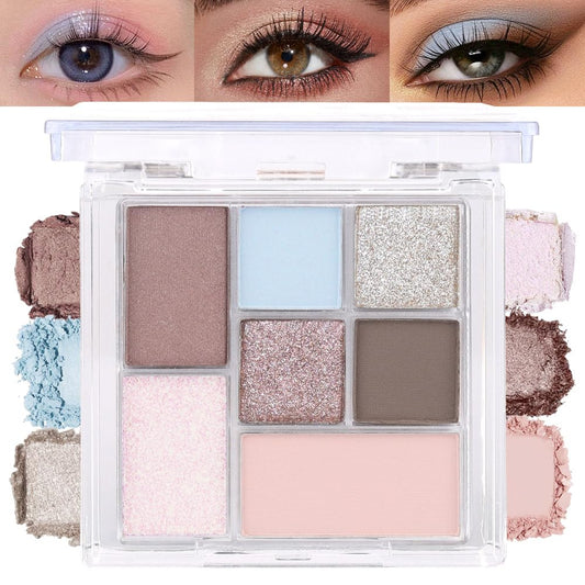 Seven Color Matte Shimmer Eyeshadow, 7 Sky Blue Nude Champagne Gold & Black Brown Series Pressed Powder Eyeshadow, Daily Silky Makeup Eyeshadow Palette,Easy to Carry,Vegan & Cruelty-Free, 24# 0.25 Oz