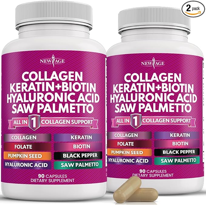 NEW AGE Collagen Pills Biotin Keratin Saw Palmetto Hyaluronic Acid - Vitamin E Folic Acid Pumpkin Seed MSM - 90 Count (Pack of 2)
