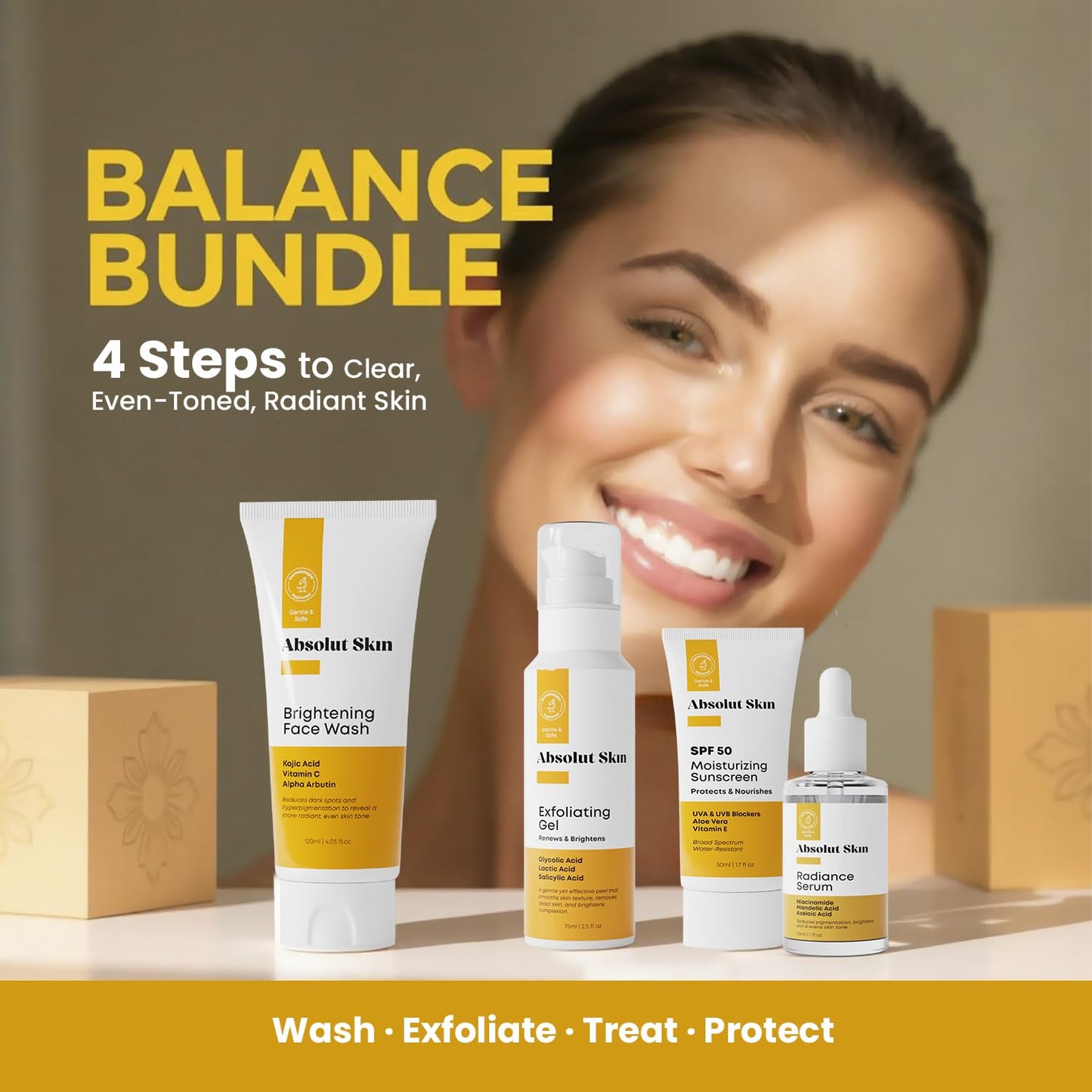 AbsolutSkin Balance Bundle – 4-Step Skincare Routine for Radiant, Even Skin – Includes Face Wash, Exfoliator Gel, Radiance Serum & SPF50 Sunscreen – Brightening Essentials Kit