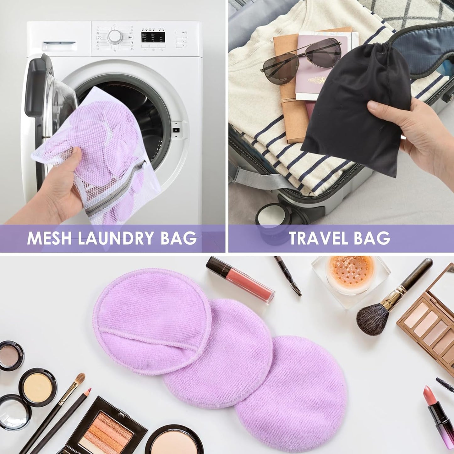 SUNLAND Reusable Makeup Remover Pads for Face,Eye,Lips 16 Pack Microfiber Face Cleansing Gloves Washable with Laundry Bag and Travel Bag Rounds Toner Pads（Round 3.15inchx16 Purple）