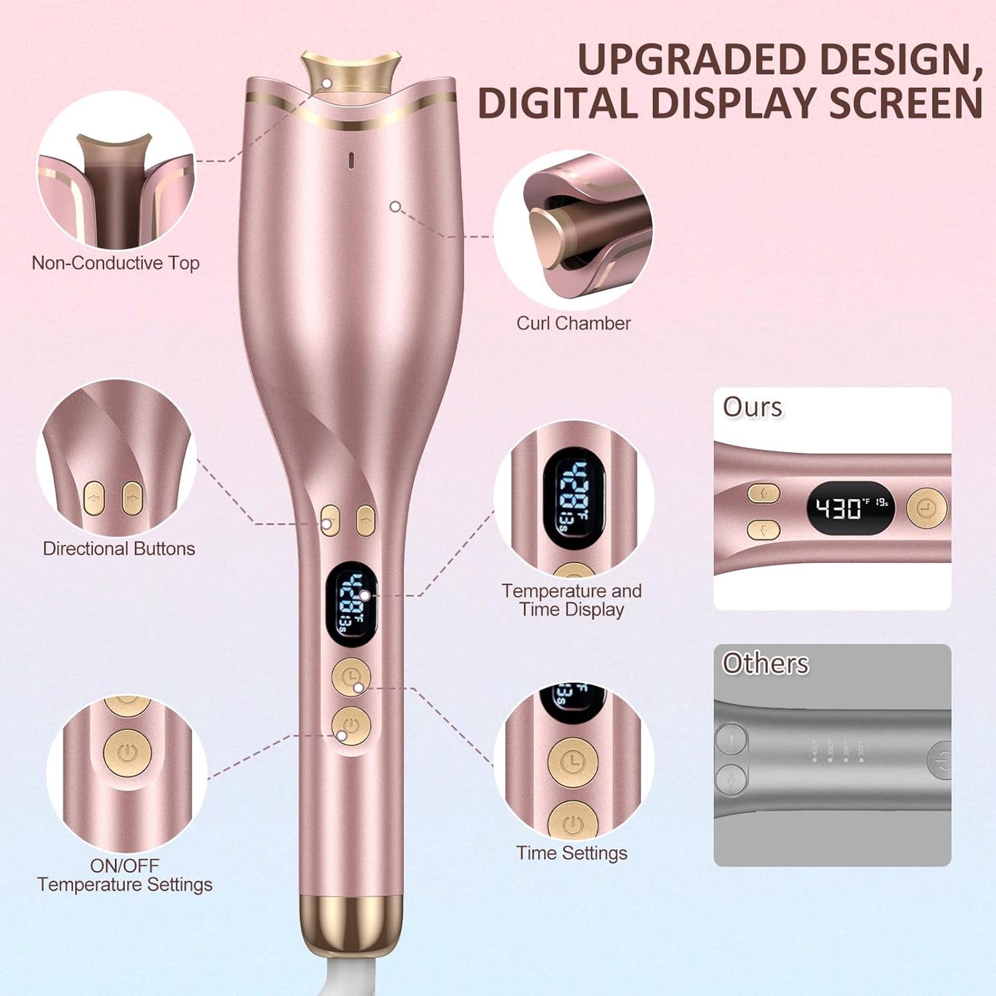 Automatic Curling Iron, Hair Curler 1" Large Slot, 4 Temperature Settings, 12s-19s Timers, Dual Voltage, Anti-Scald, Anti-Tangle, Auto Shut-Off, LCD Display, Fast Heating Easy for Use, Pink