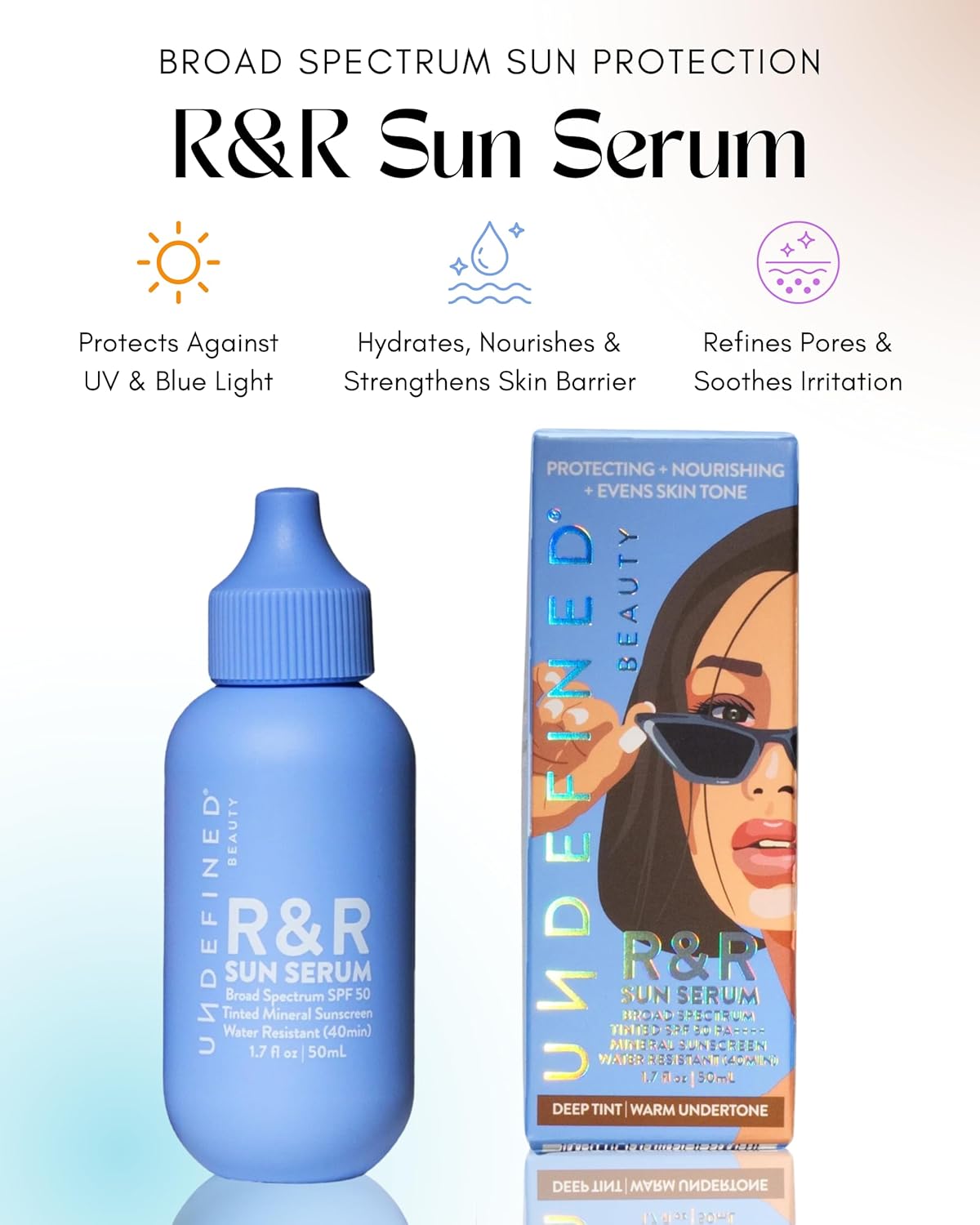 Undefined Beauty R&R Sun Serum SPF 50 PA++++ Tinted Mineral Sunscreen with Niacinamide, Water Resistant Broad Spectrum Protection & Blue Light Defense (Deep Tint)