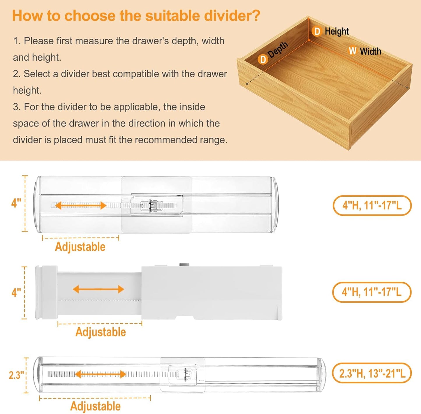 4 Pack Drawer Dividers for Clothes, 4" High 10"-17" Adjustable Drawer Dividers Expandable Dresser Drawer Organizers, Clear Drawer Separators for Clothes, Underwear, Baby Clothes, Cosmetic, Toiletries
