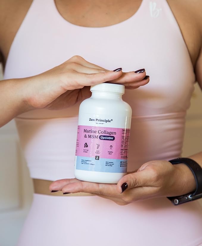 Zen Principle Marine Collagen Peptides Powder with OptiMSM® Supplement. Clinically Tested for Skin Support. Wild-Caught Fish, Non-GMO. 210 Capsules.